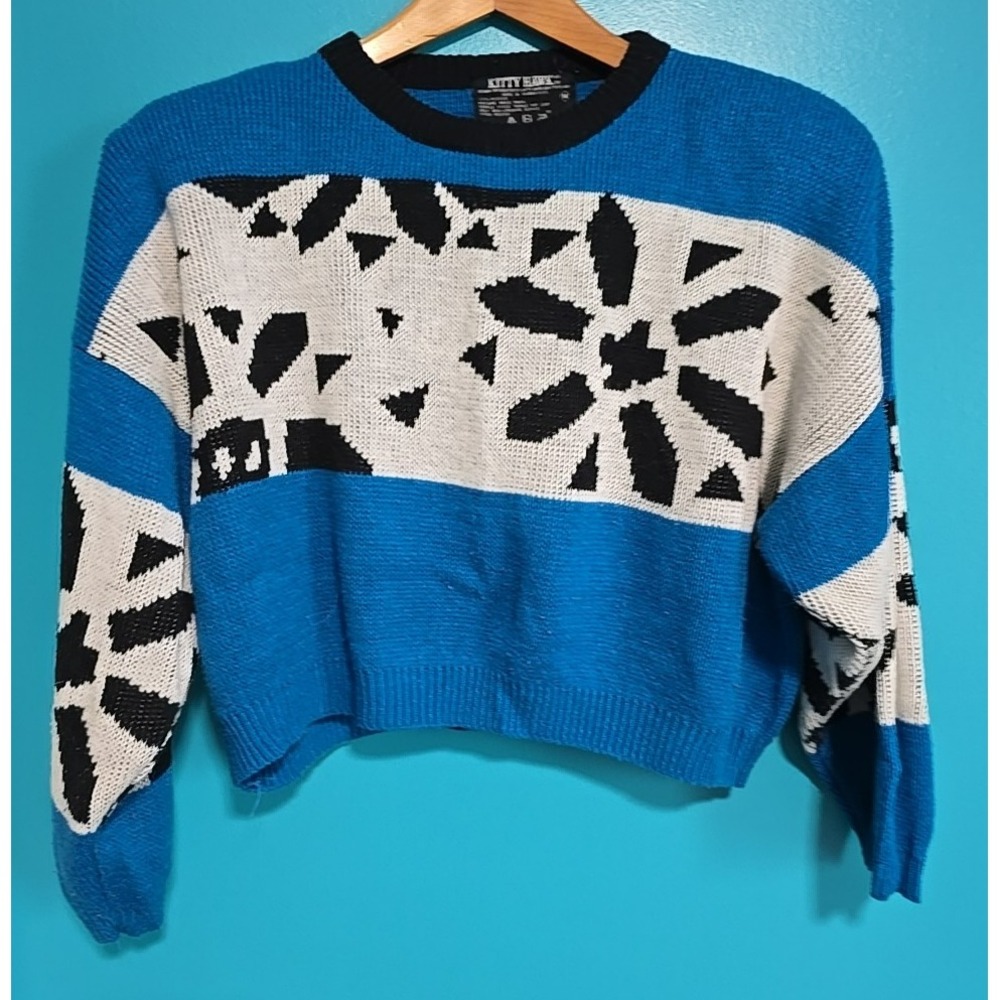 Vtg Kitty Hawk Medium Crop‎ Top Knit Sweater Shoulder Pads Geometric Teal Floral